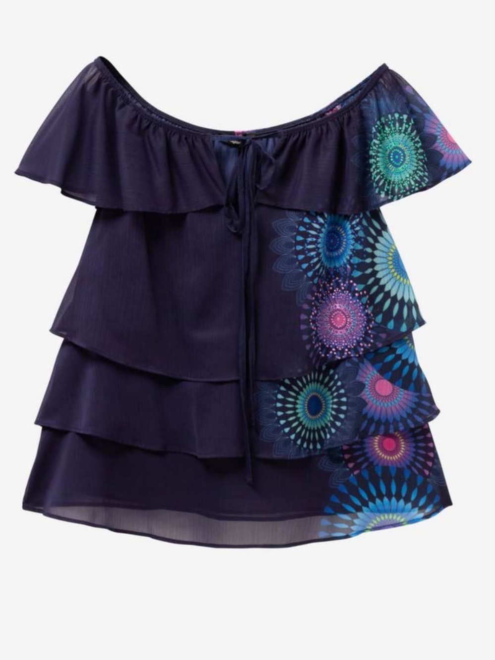 Desigual Tiered Blouse 2XL Blue Multi Chiffon